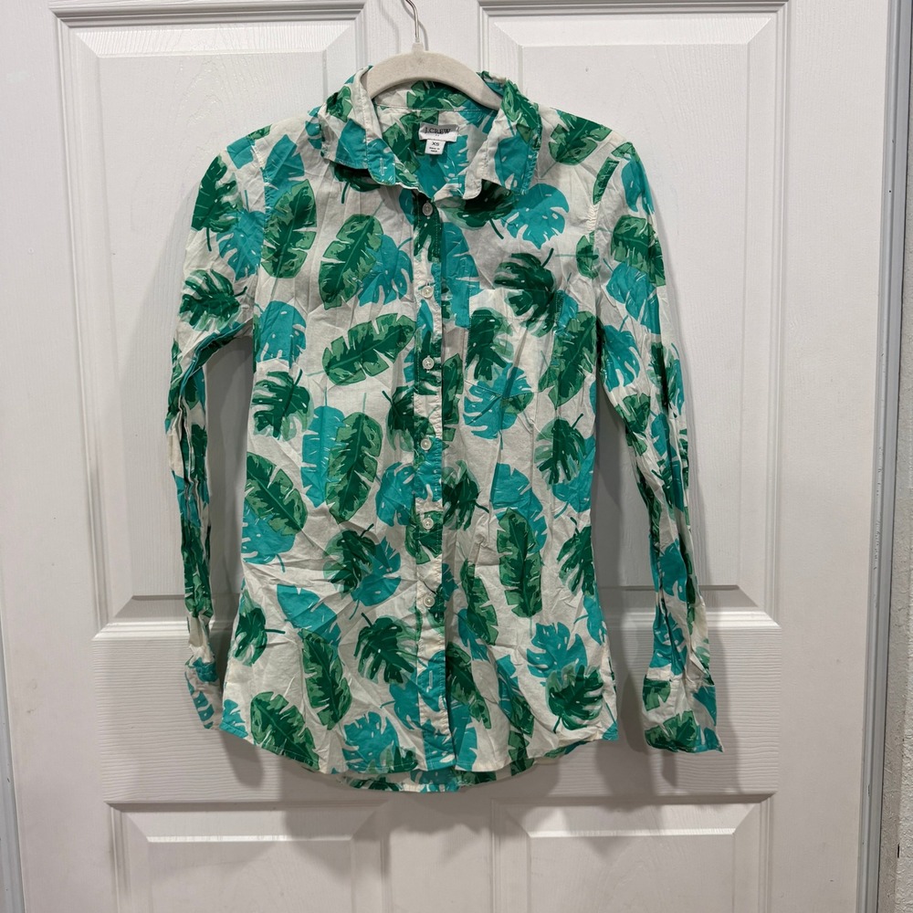 J. Crew Tropical Leaf Print Button Up Shirt XS Green White Long Sleeve Cotton